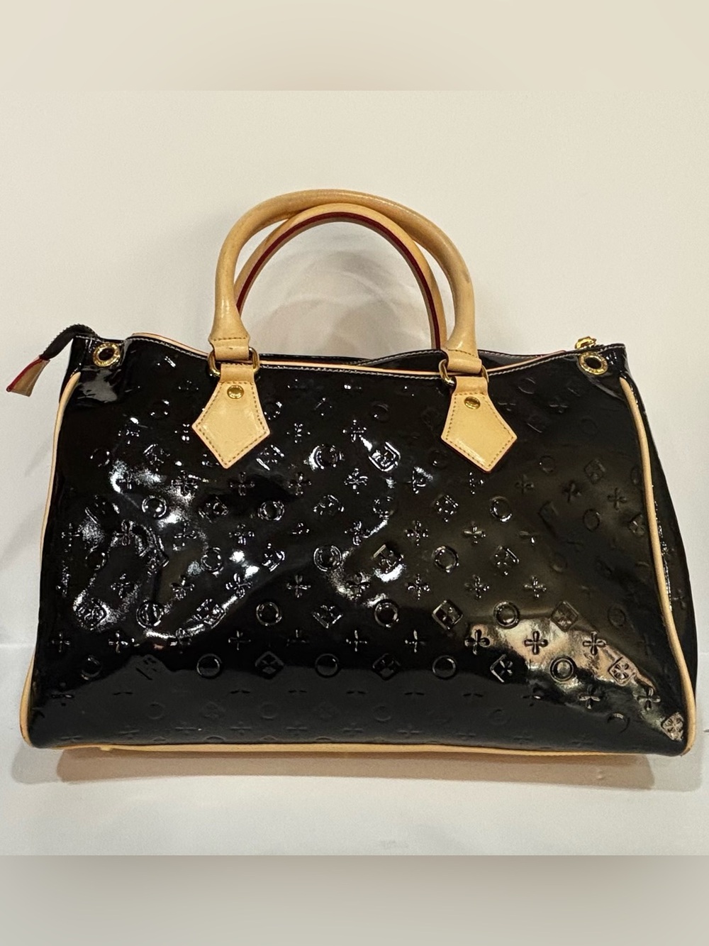 InV9ce Black Patent Genuine Leather Embossed Satchel Gold Hardware Charm Italian